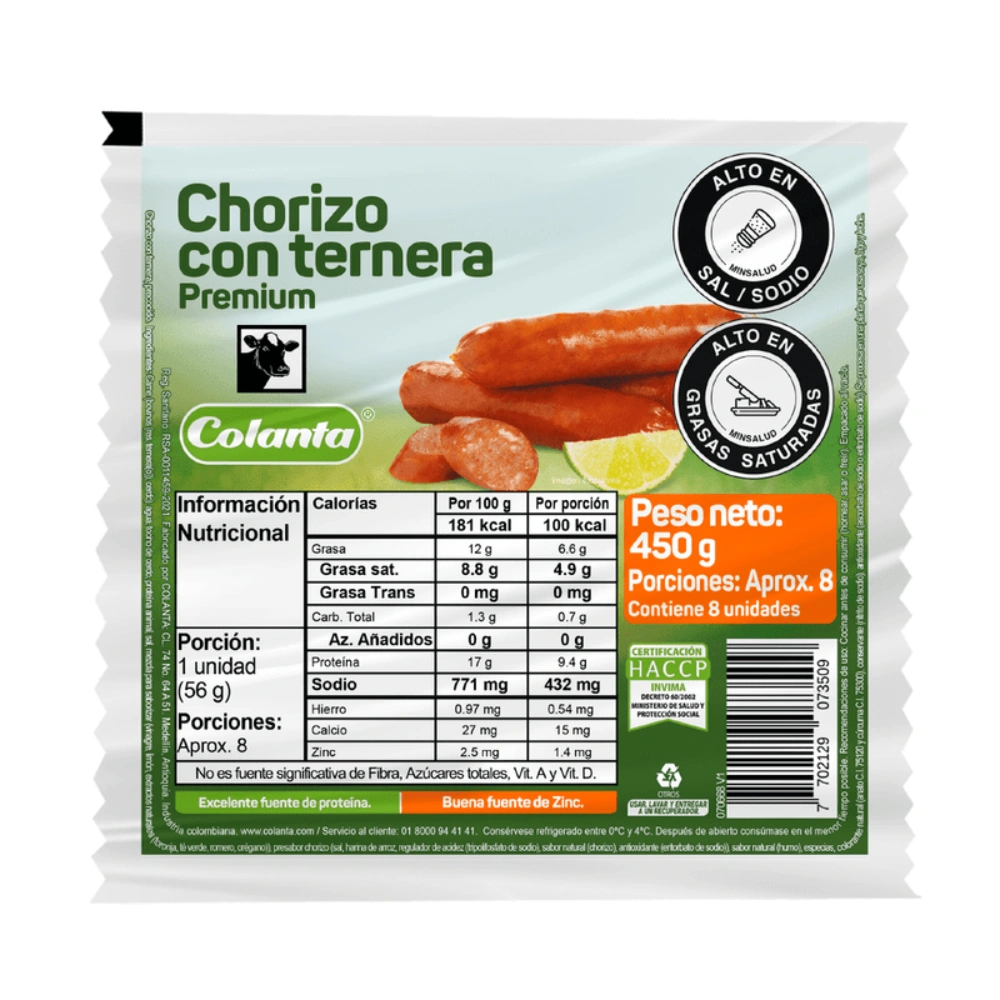 Chorizo con Ternera Premium Colanta X 450 g